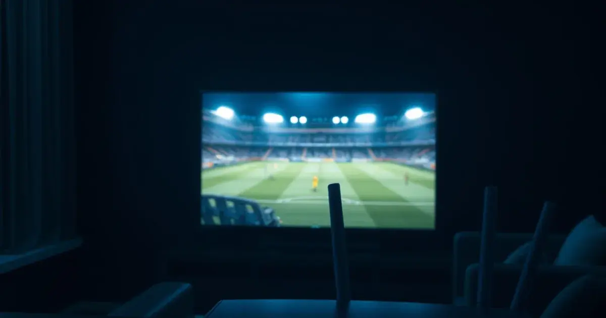 Donkere huiskamer met een grote Smart TV die een voetbalwedstrijd toont, met een router op de voorgrond die het netwerk symboliseert