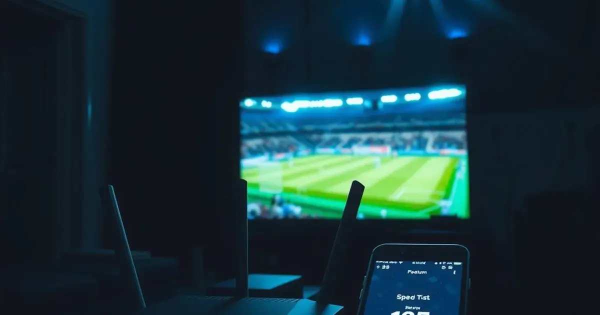 Donkere woonkamer met een tv die een fel verlicht voetbalstadion toont, terwijl op de voorgrond een router met knipperende lampjes en een telefoon met een snelheidstest te zien zijn.