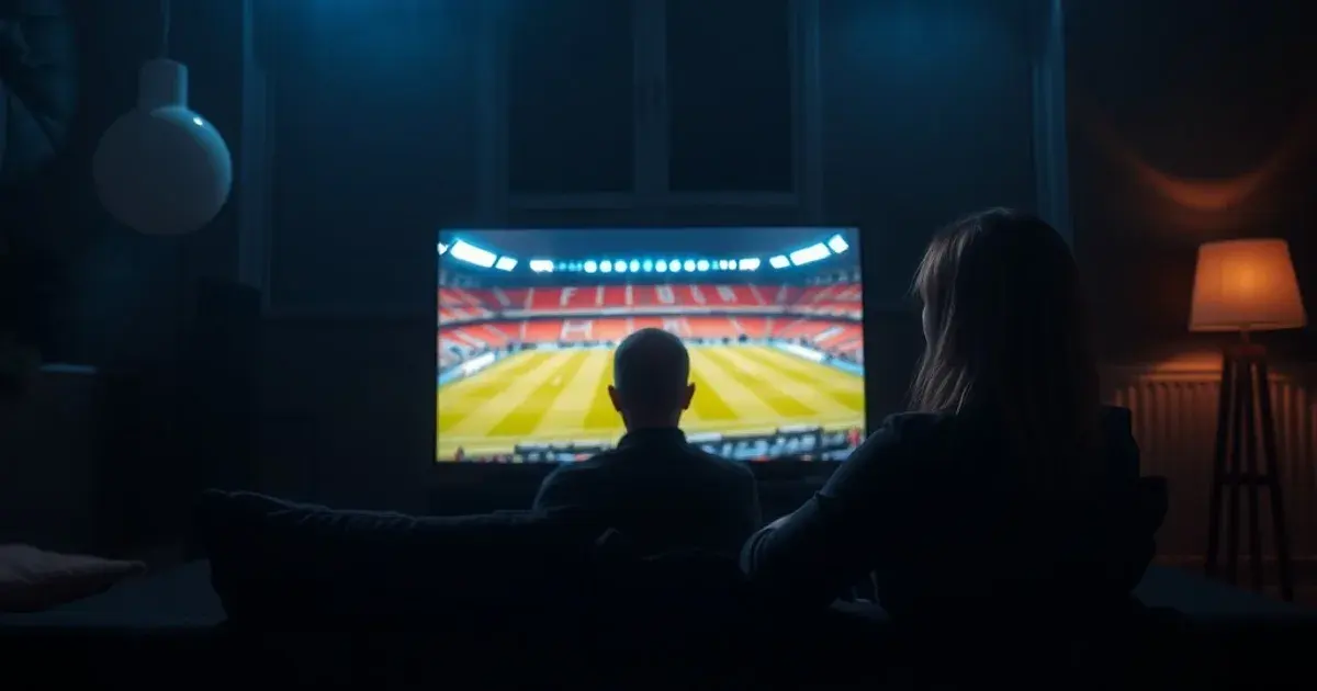 Donkere woonkamer met een gloeiend tv-scherm dat een voetbalveld onder stadionlicht toont, met een smartphone en afstandsbediening op tafel