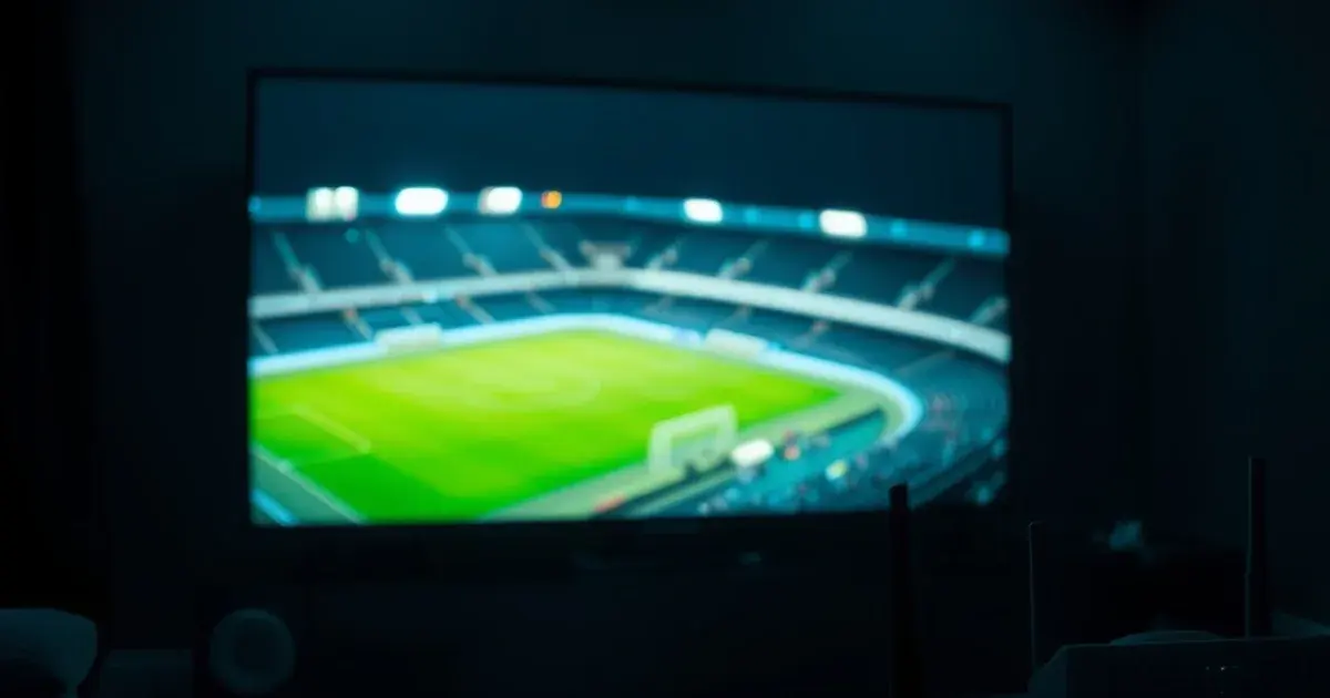 Donkere woonkamer met een televisie die stadionverlichting en het groen van een voetbalveld weerspiegelt, met een streamingbox en router op de voorgrond