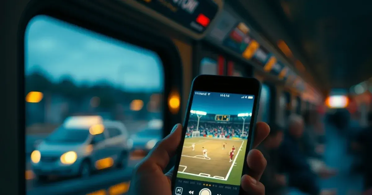 Iemand kijkt een livewedstrijd op zijn telefoon tijdens het forensen in de trein, met de stad voorbij glijdend buiten het raam