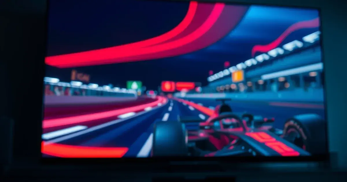Donkere woonkamer met een 4K-scherm dat een wazige Formule 1-race toont, sfeerverlichting in rood en blauw met een streaming-apparaat op de voorgrond