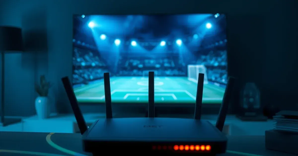 Donkere woonkamer met een 4K-tv die een voetbalveld toont, met een router en signaallichtjes op de voorgrond
