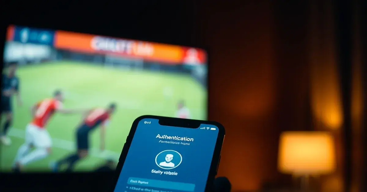 Smartphone met een bankbevestigingsscherm op de voorgrond, met een televisie met voetbalbeelden wazig op de achtergrond in een donkere kamer