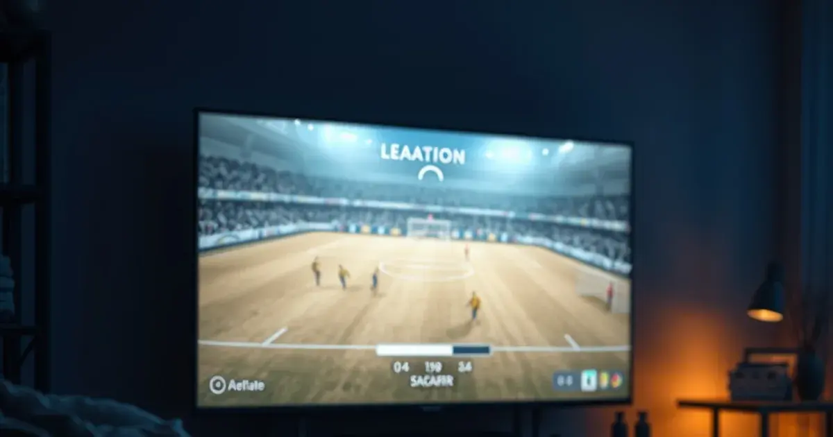Een donkere woonkamer 's avonds met een tv-scherm dat een bevroren voetbalbeeld toont tijdens het bufferen, met een router op de achtergrond