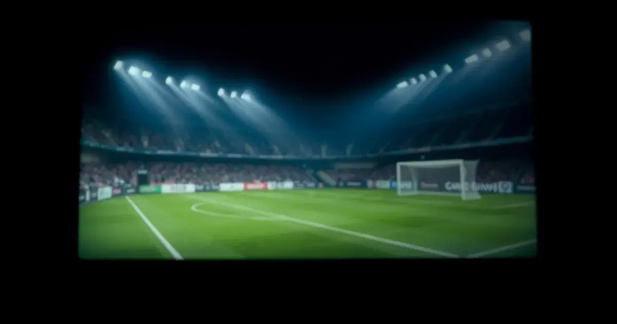 Donkere scène met een streamingbox voor een tv die een scherp 4K-voetbalbeeld toont, met een subtiel vervaagd, blokkerig beeld eroverheen dat een compressieprobleem symboliseert