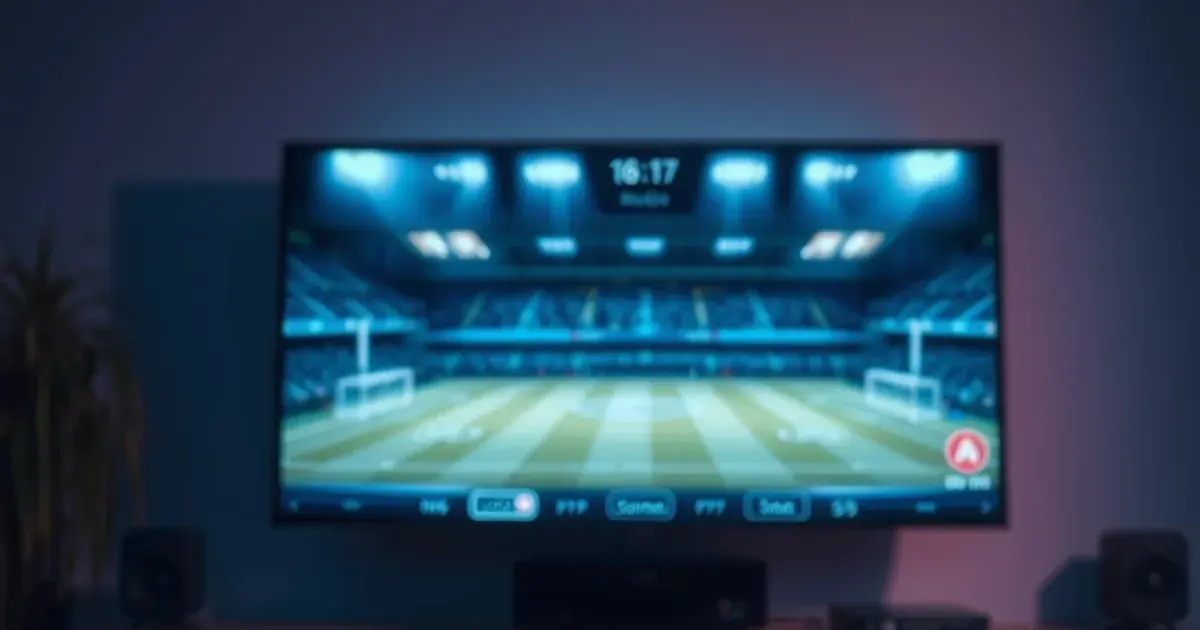 IPTV-streamingkastje en afstandsbediening op een tv-meubel in een donker verlichte woonkamer, met een televisie op de achtergrond