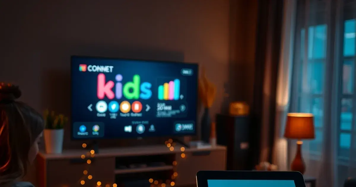 Donkere huiskamer 's avonds met een smart-tv die een kindvriendelijke interface toont en een tablet met een vergrendelingsicoon op de bank