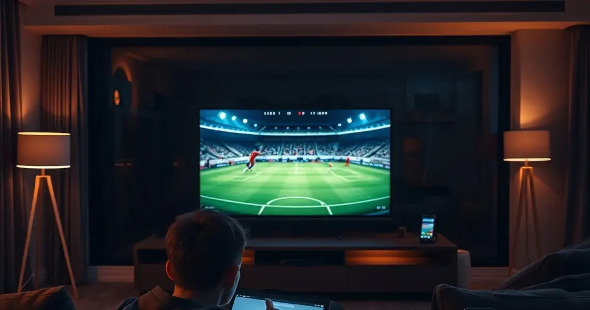 Donkere huiskamer in de avond met een grote TV die een voetbalwedstrijd toont, terwijl op de achtergrond een tablet en een tweede scherm apart oplichten voor andere gezinsleden