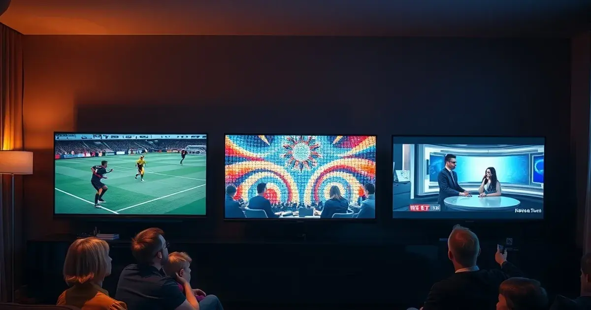 Een gezin kijkt 's avonds naar drie verschillende schermen met elk een andere sfeerkleur, symbool voor meertalige IPTV in één huishouden