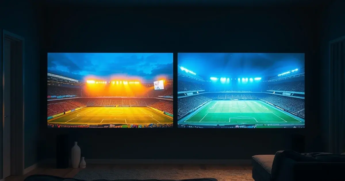 Donkere woonkamer met twee grote schermen naast elkaar, één met de sfeer van een Amerikaans footballstadion en één met een Europees voetbalveld, beide in gedempt licht
