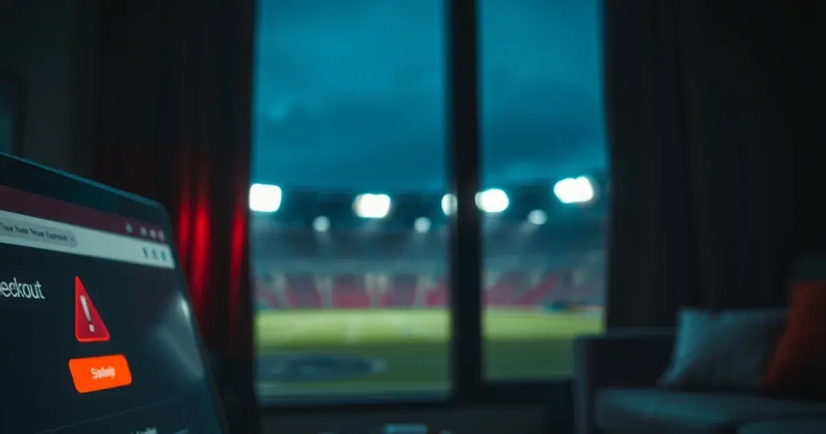 Iemand aarzelt met de muis boven een verdachte betaalpagina op een laptop, met wazige stadionlichten zichtbaar op de achtergrond.