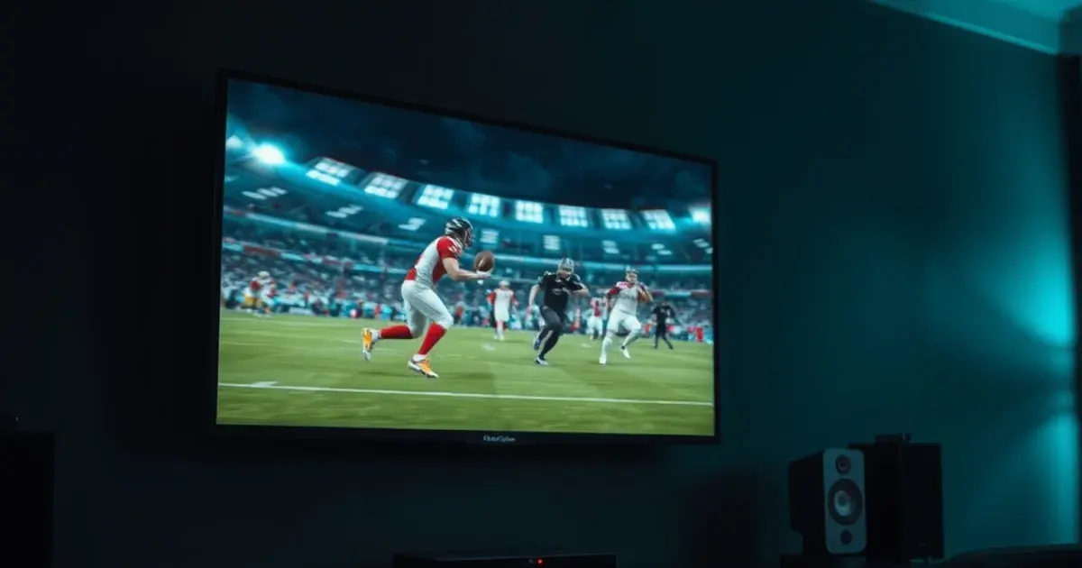 Donkere huiskamer met een tv die een voetbalwedstrijd toont en een externe harde schijf met een knipperend opnamelampje ervoor