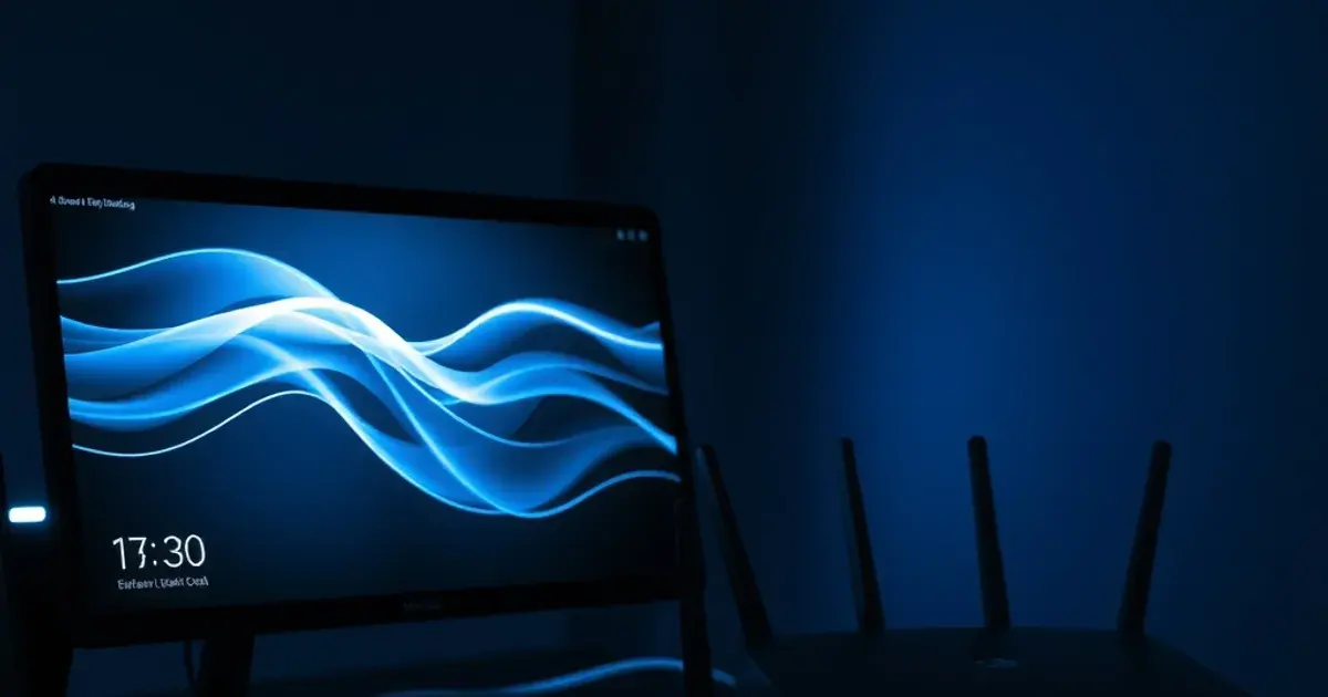 Donkere sfeerfoto van een PC-monitor en MacBook naast elkaar met een zichtbare ethernetkabel op een bureau, verlicht door blauw schermlicht