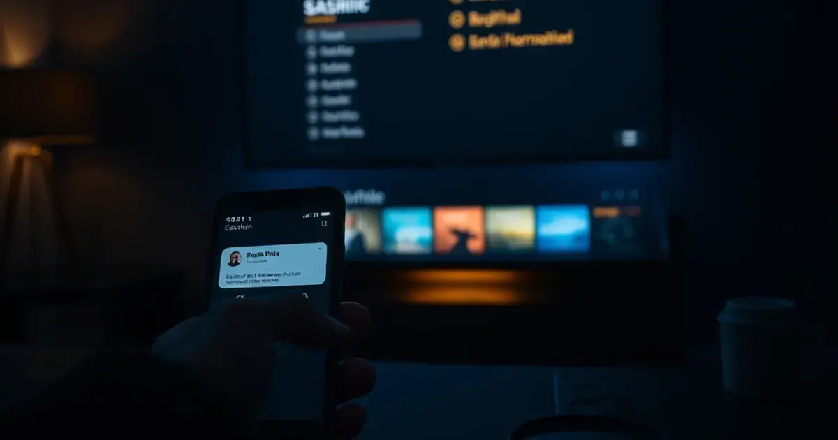 Donkere huiskamerscène met een smart-tv en smartphone die een chatgesprek toont, symbool voor het zorgvuldig testen van een IPTV-aanbieder voordat je kiest