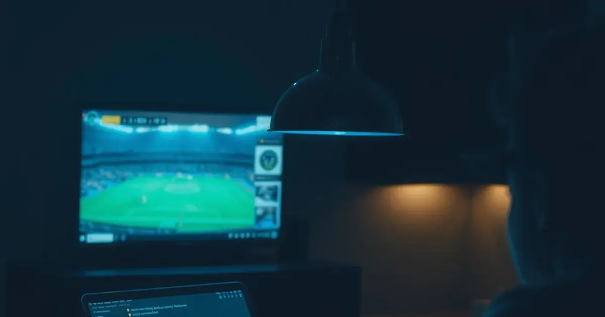 Iemand controleert 's avonds een checklist op een laptop terwijl op de achtergrond een voetbalstream hapert, sfeervol donker beeld