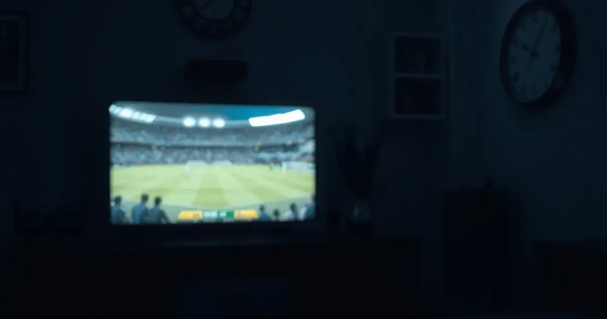 Donkere huiskamer 's avonds met een tv die een live voetbalwedstrijd toont, een router met knipperende lampjes en een ethernetkabel op de voorgrond, sfeer van een netwerktest tijdens piekuren