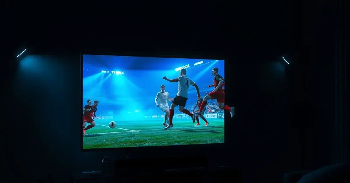 Donkere huiskamer verlicht door een tv-scherm met een voetbalstadion tijdens een doelpuntviering, met een subtiel vervagingseffect dat vertraging symboliseert
