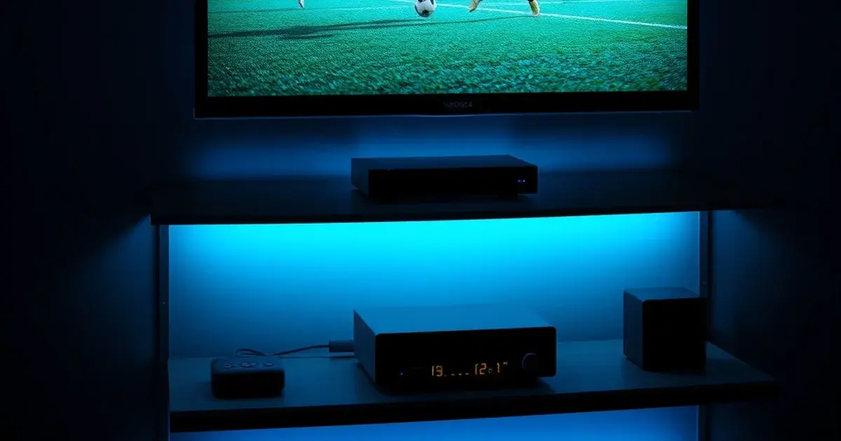 Donkere huiskamer met een groot scherm dat een gepauzeerde voetbalwedstrijd toont naast een opnameapparaat met een externe harde schijf
