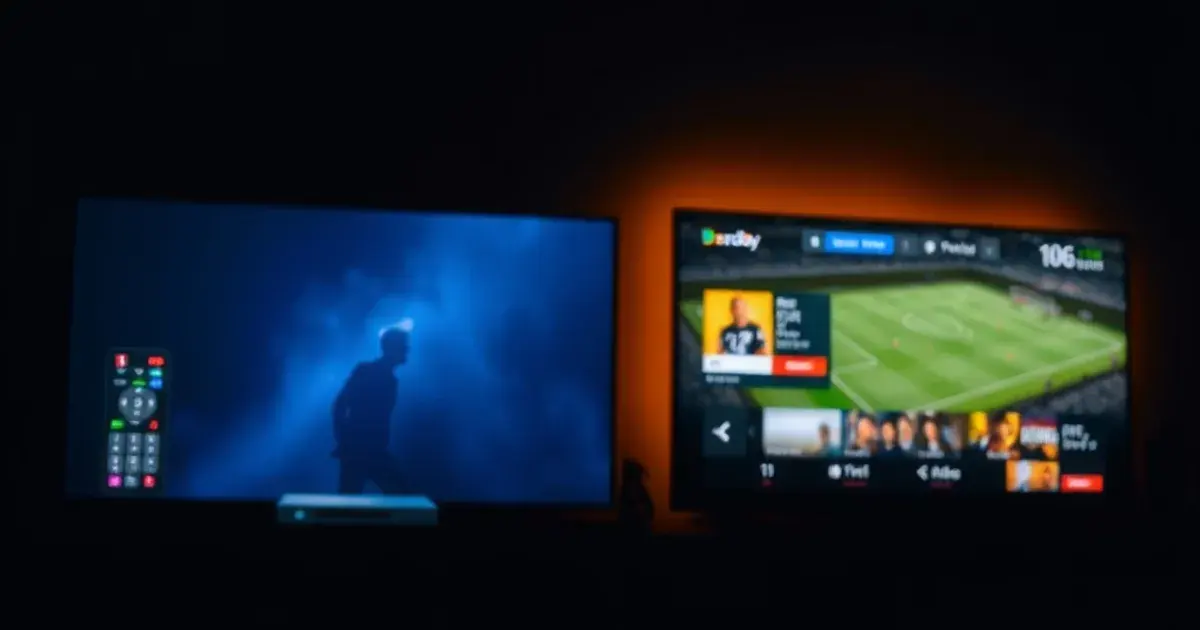 Donkere woonkamer met twee schermen naast elkaar, één met een kabel-decoder en één met een IPTV-interface, sfeervol verlicht met blauw en oranje contrast