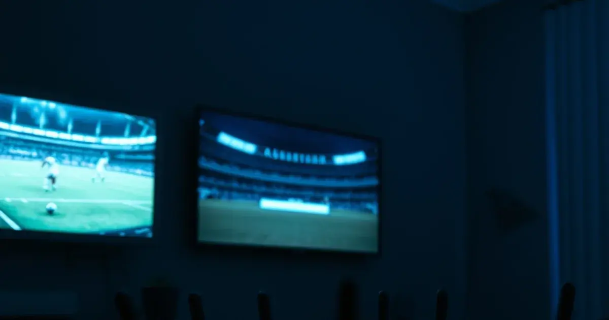 Donkere kamer met een bevroren voetbalbeeld op TV en een laptop met een netwerksnelheidsgrafiek ernaast, symbool voor het diagnosticeren van ISP-throttling