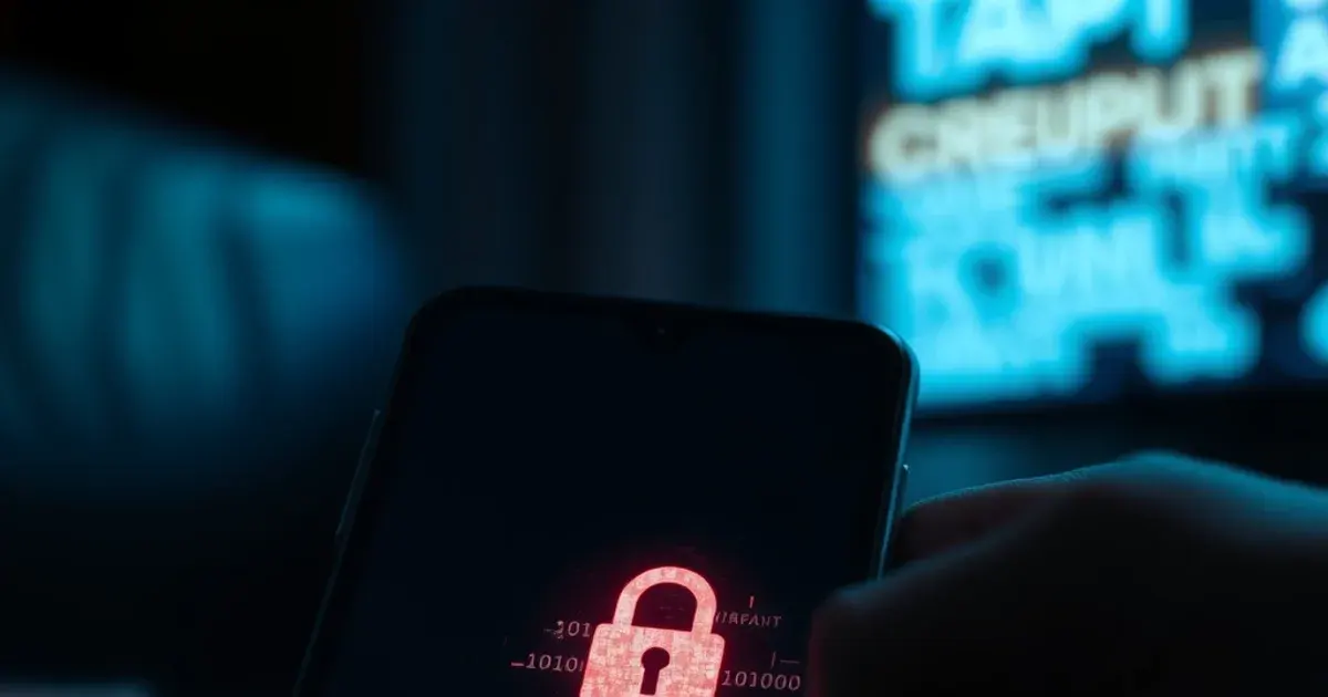 Close-up van een Android-telefoon in een donkere kamer met een dreigende rode waarschuwingsoverlay over een streaming-app-icoon