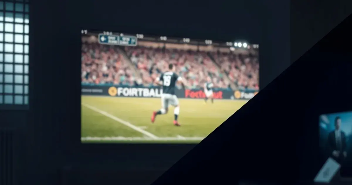 Donkere huiskamerscène met een streamingapparaat en een tv die een voetbalwedstrijd toont, symbool voor de keuze tussen legaal en alternatief kijken