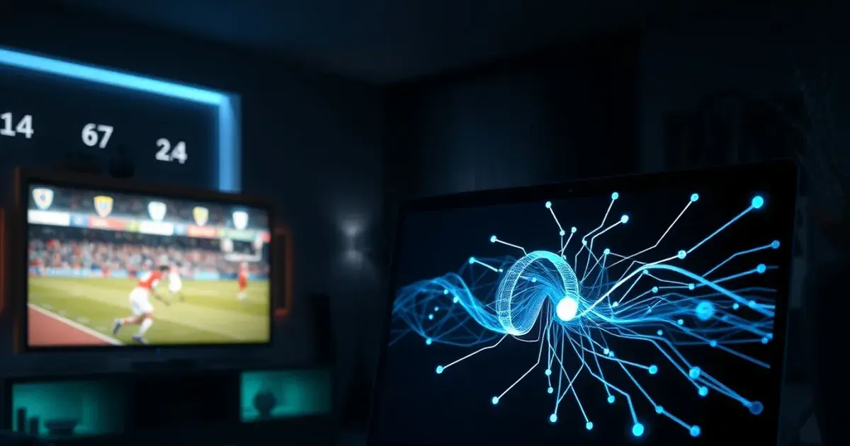 Donkere huiskamerscène met een tv die een live wedstrijd toont en een laptop met een gloeiende netwerktunnel die een snelle VPN-verbinding symboliseert