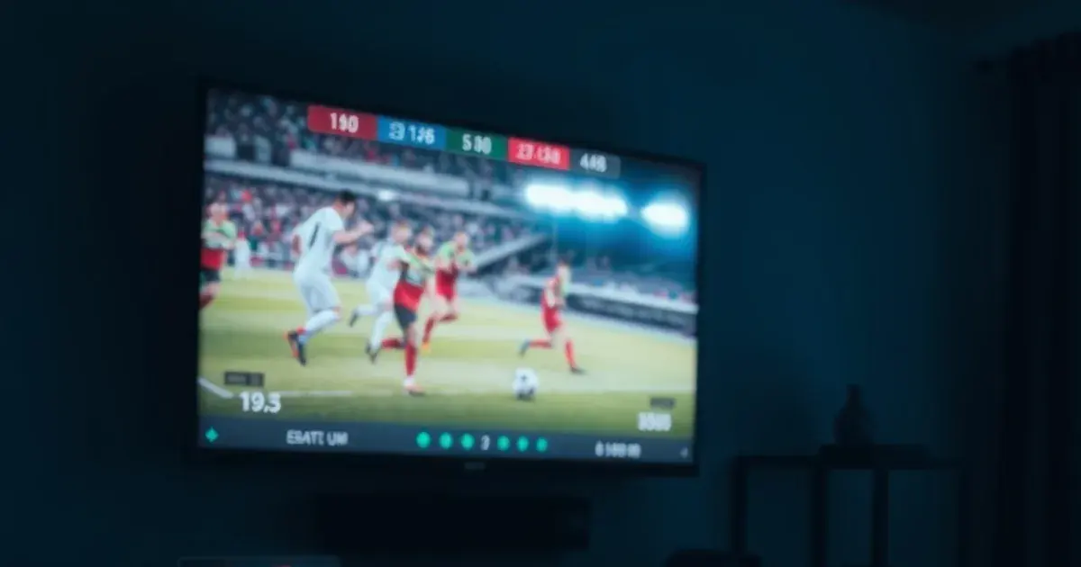 Donkere huiskamer 's avonds met meerdere schermen die tegelijk live voetbal tonen en een router met knipperende lampjes op de voorgrond