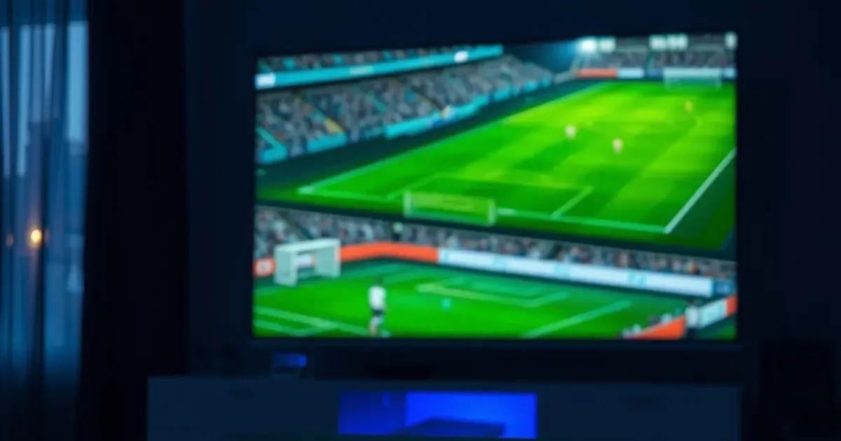 Donkere woonkamer waarin een tv oplicht met een voetbalwedstrijd, naast een uitgeschakelde kabelbox en een actief streamingapparaat